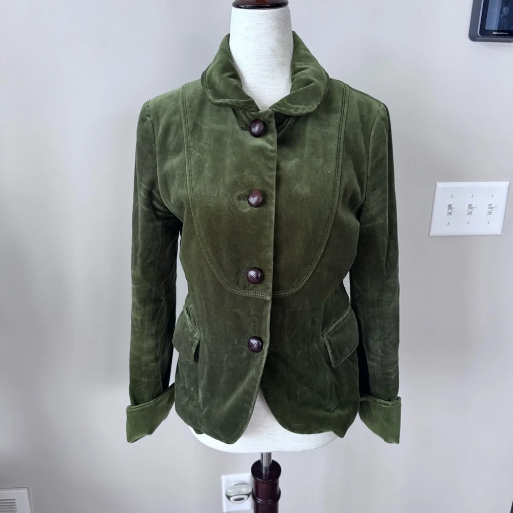 J. Crew Olive Green Velvet Blazer Jacket with Leather Buttons